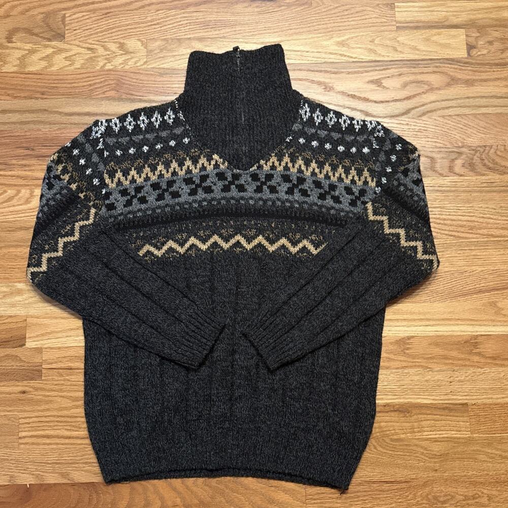 Mens Jumper Large Size JULIANO Grey Argyle Wool Italy Henley Sweater Pullover - Picture 2 of 8